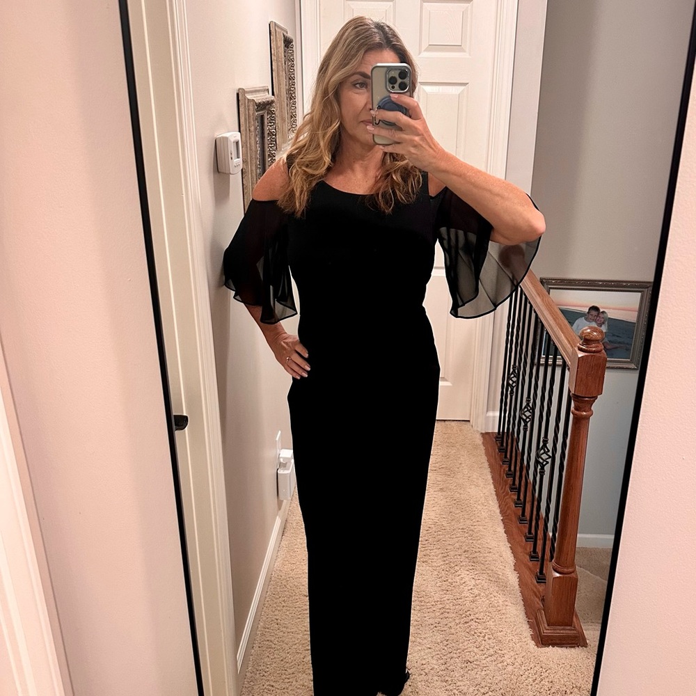 Black crepe pant jumpsuit with chiffon flutter sleeve sz 10